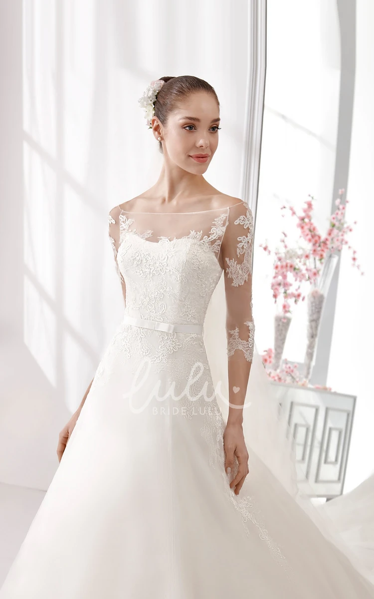 A-Line Wedding Dress with Satin Sash and Lace Bodice 3/4 Sleeves