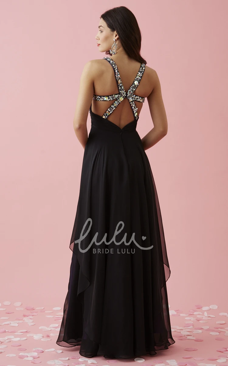 Draped Chiffon Straps Formal Dress with Beading and V-Neck A-Line Cut