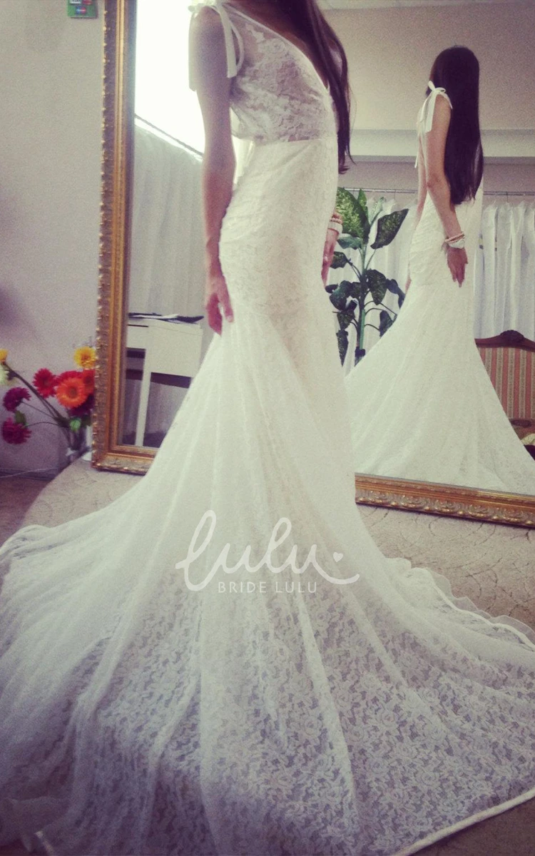 Sleeveless Mermaid Lace Wedding Dress with Long Train and Deep-V Neck