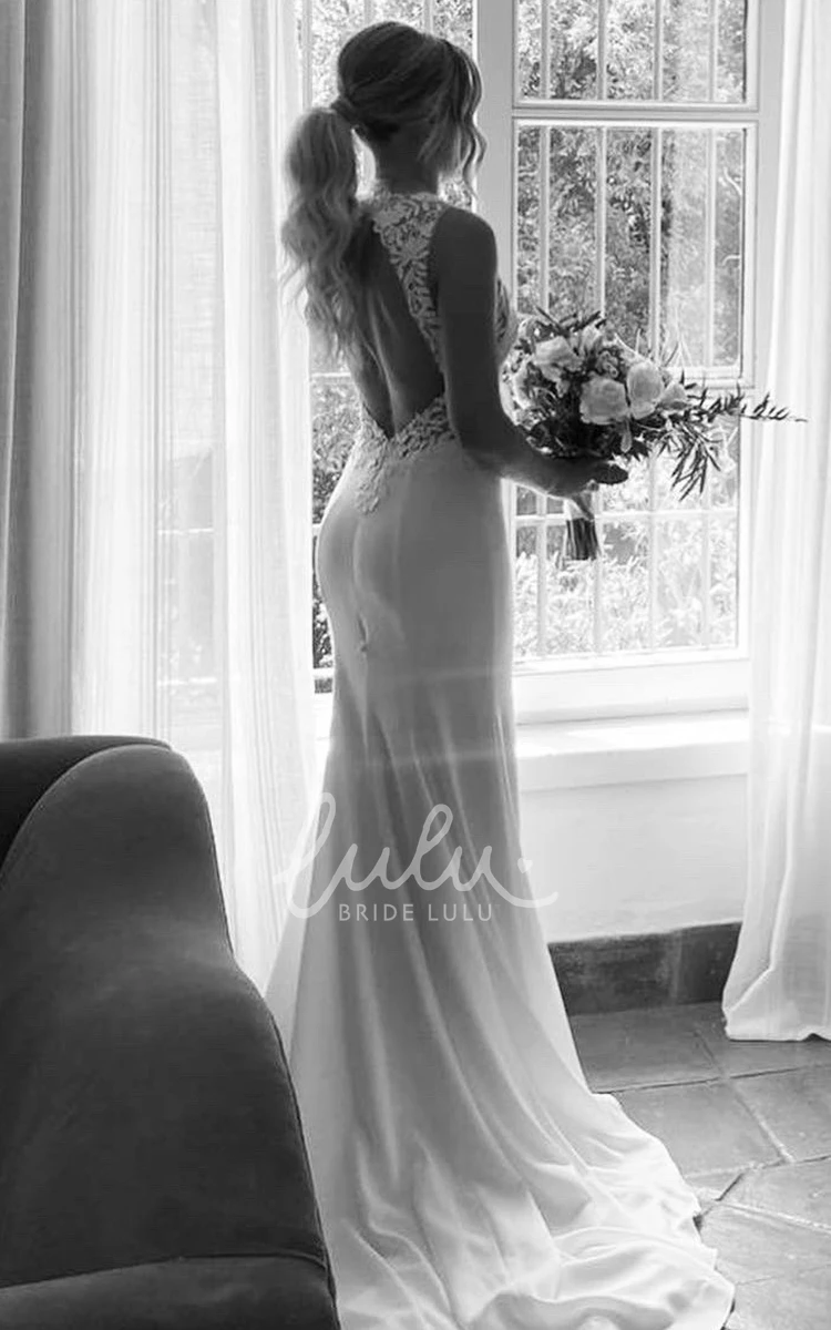 Simple Sheath Jewel Wedding Dress Lace Neck with Satin Sweep Train Keyhole Back