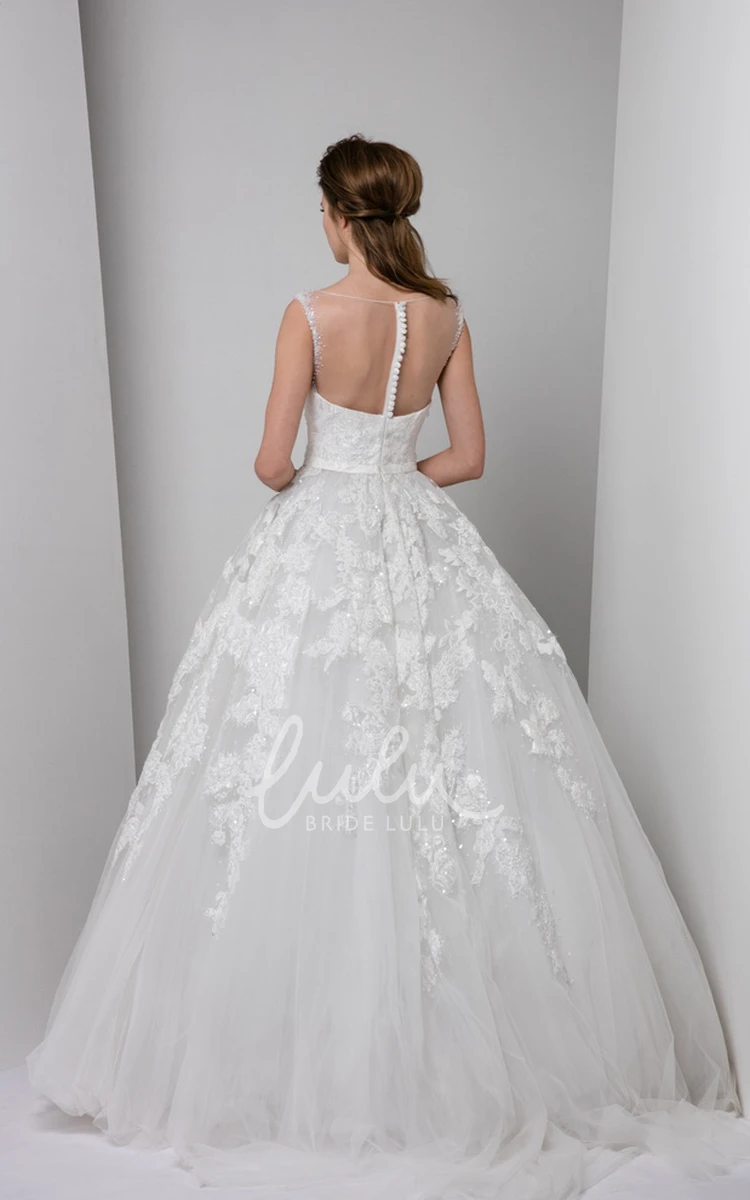 Sleeveless Appliqued Tulle Wedding Dress with Bateau Neckline Illusion Back and Ruffles Unique Bridal Gown