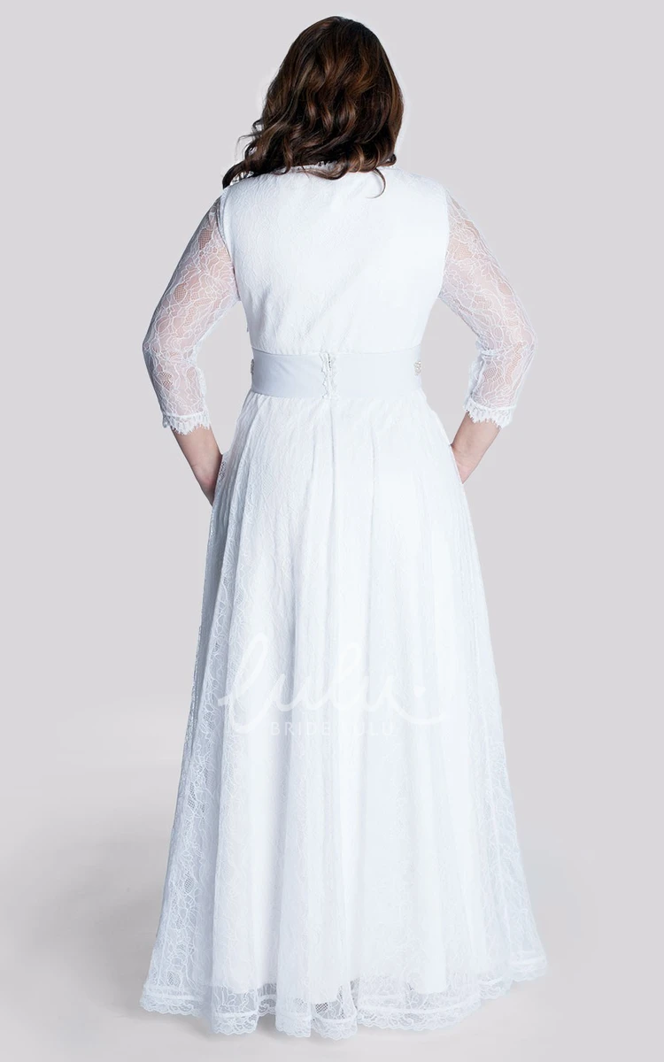 A-Line Lace V-Neck Wedding Dress with Long Sleeves and Jeweled Waist