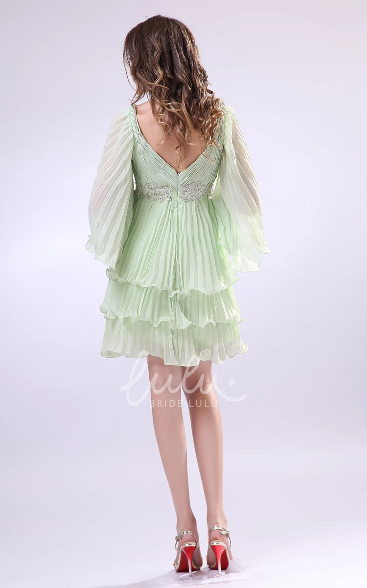 Chiffon Prom Dress with Beading and Tiers Cute Bell Sleeves and V-Neck