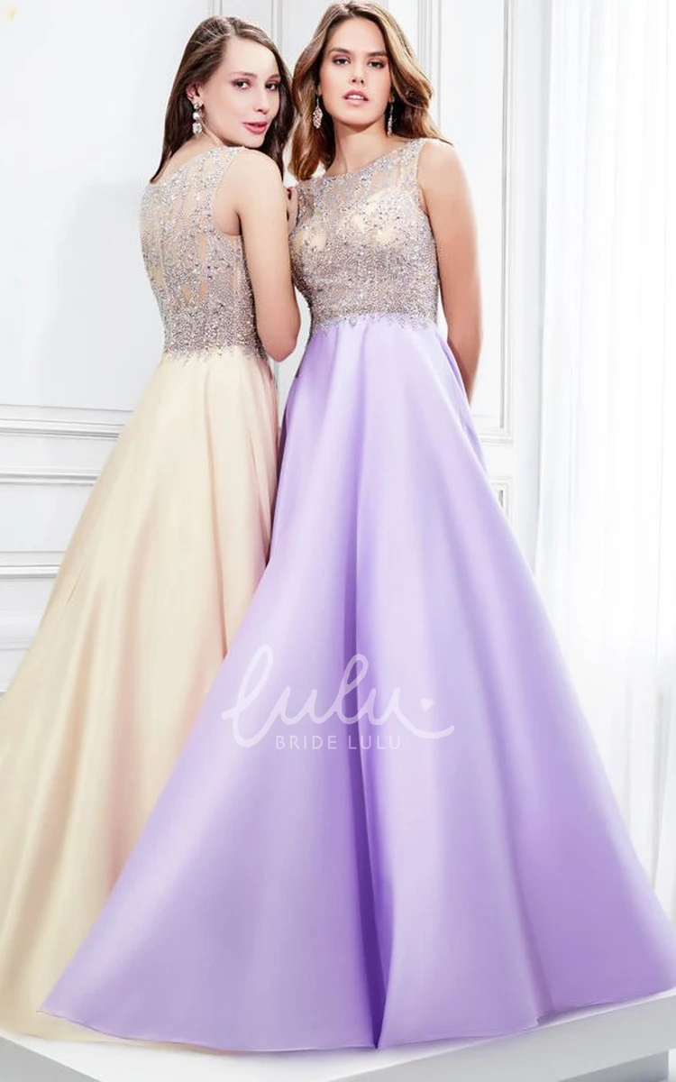 A-Line Satin Prom Dress with Beaded Illusion Back Sleeveless Scoop Neck