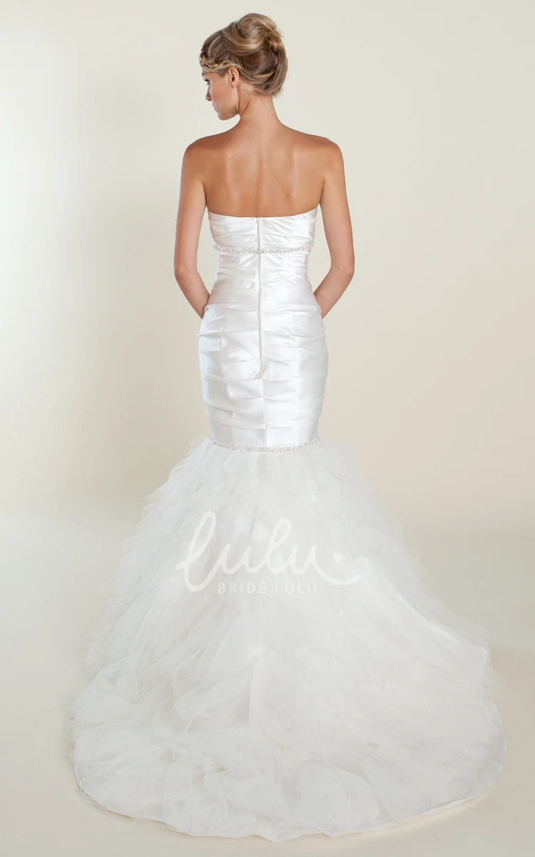 Strapless Satin Wedding Dress with Ruffles and Beading Trumpet Long Sleeveless Ruched