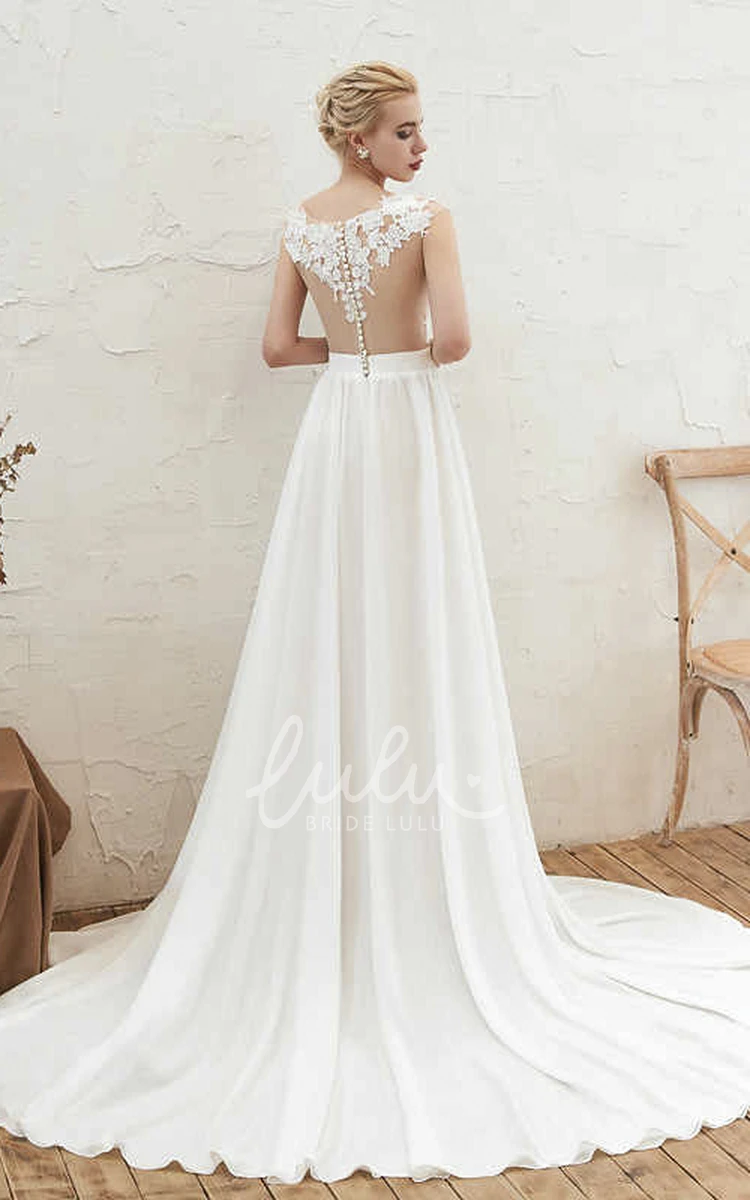 Illusion Cap Sleeve A-line Chiffon Bridal Gown with Lace Appliques