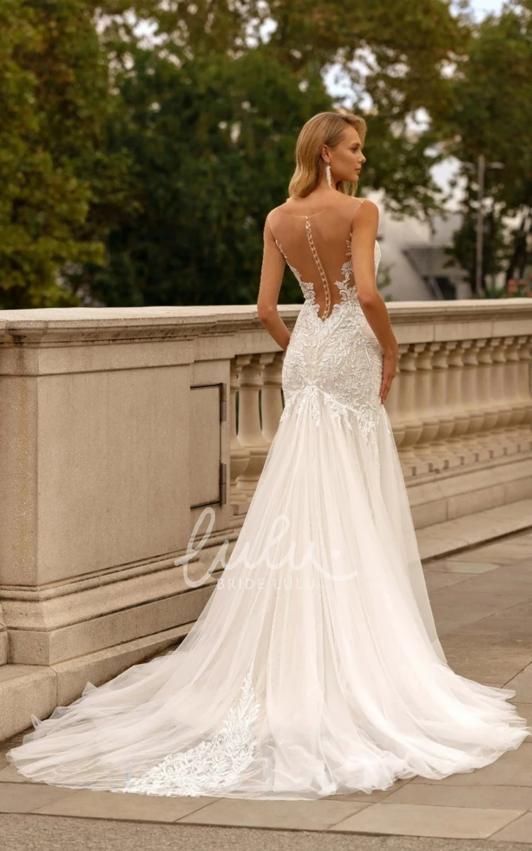 Mermaid Beach Wedding Dress Strap V-neck Sleeveless with Deep-V Back Brush Train Beading Lace