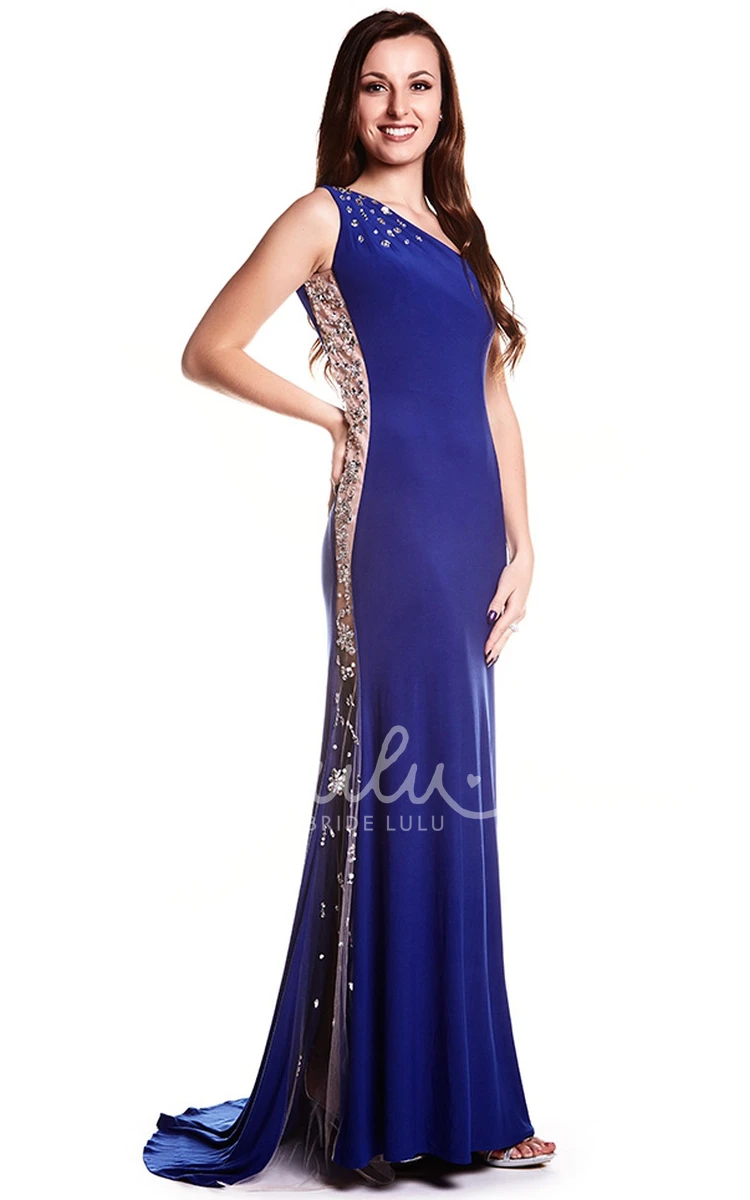 Sheath Sleeveless Floor-Length Beaded Jersey Prom Dress with One-Shoulder Modern Prom Dress