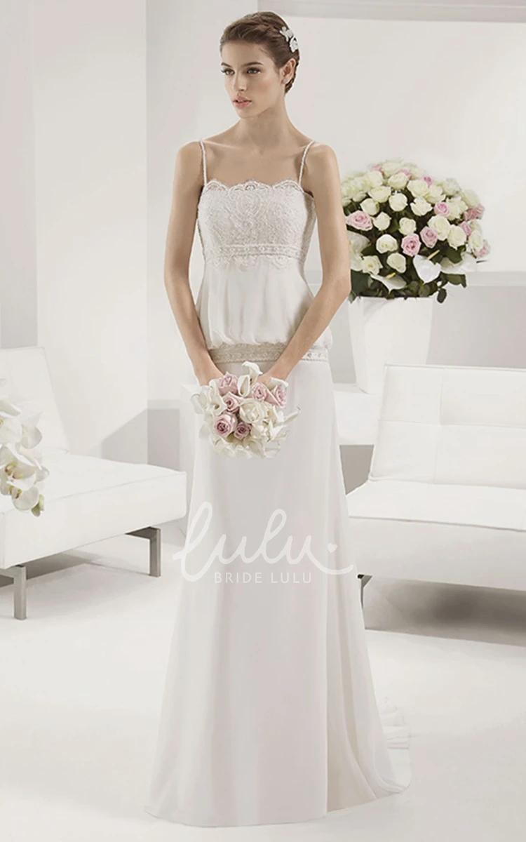 A-Line Chiffon Wedding Dress with Spaghetti Straps Scalloped Neckline and Unique Lace Design