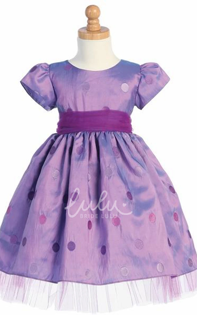 Cap-Sleeve Tea-Length Tulle&Taffeta Flower Girl Dress with Bow