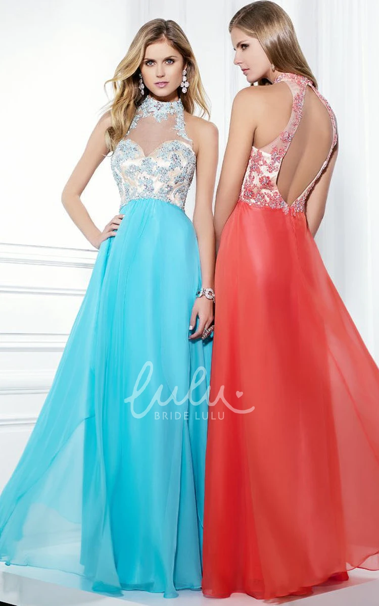 Beaded Chiffon High Neck Keyhole Prom Dress Sleeveless