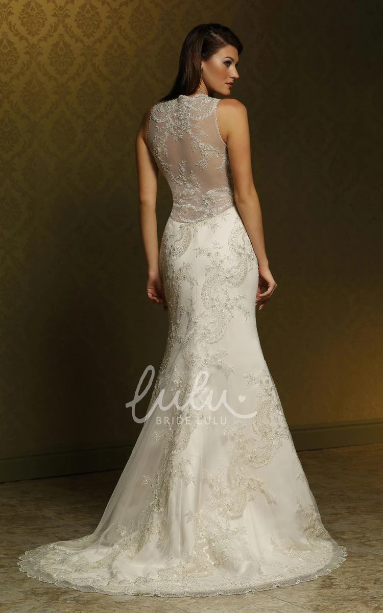 Sleeveless Lace Wedding Dress with Bow and Pleats Sheath Floor-Length