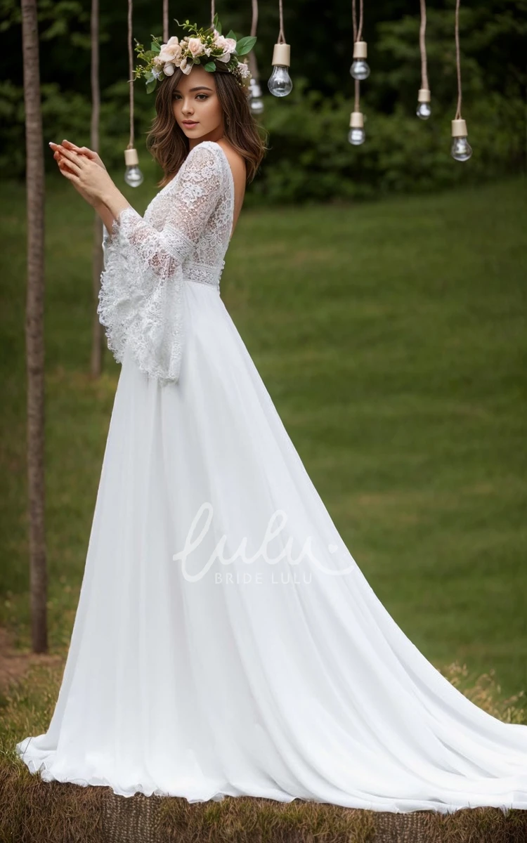 Sexy Boho A-Line V-Neck Lace Chiffon Winter Wedding Dress Backless with Bell Sleeves Bridal Gown