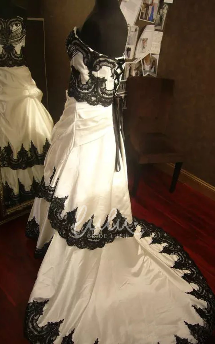 Straps A-Line Taffeta Lace Wedding Dress with Ruffles and Tiers Chapel Train