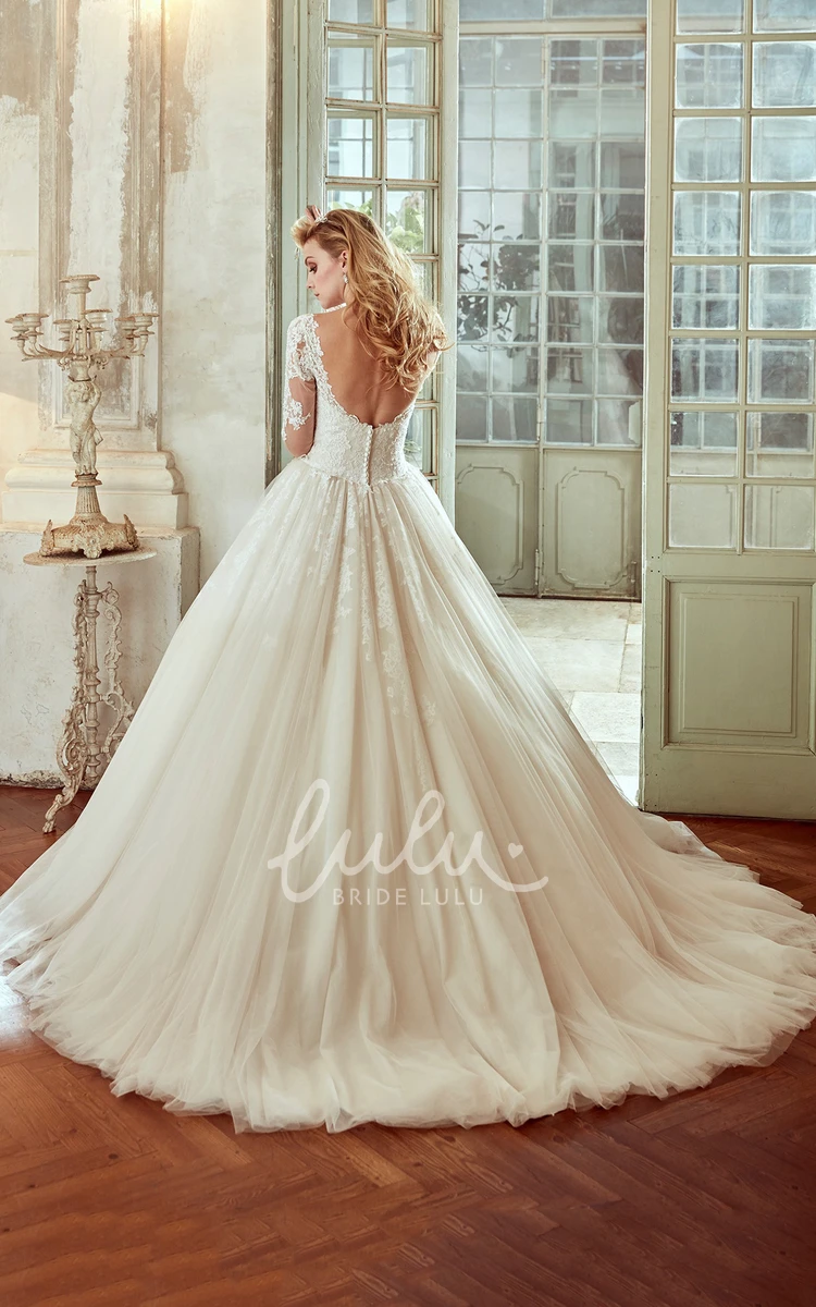 Long-Sleeve V-Neck Wedding Dress with Pleated Skirt and Open Back Modern Bridal Gown
