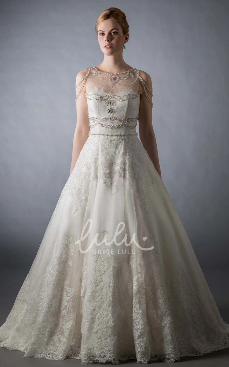 Lace Maxi Wedding Dress with Illusion and Sweep Train Gorgeous Bridal Gown