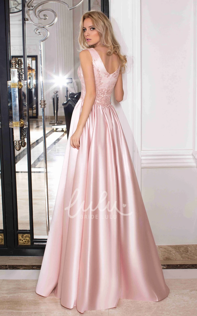 Satin A-Line Bridesmaid Dress with Embroidery and Low-V Back