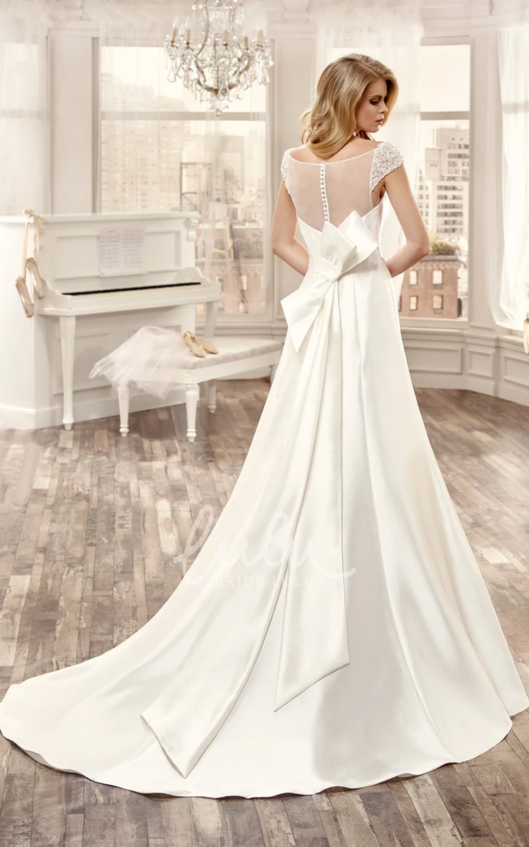 Large Back Bow Brush Train Sweetheart Cap-Sleeve Long Wedding Dress Flowy