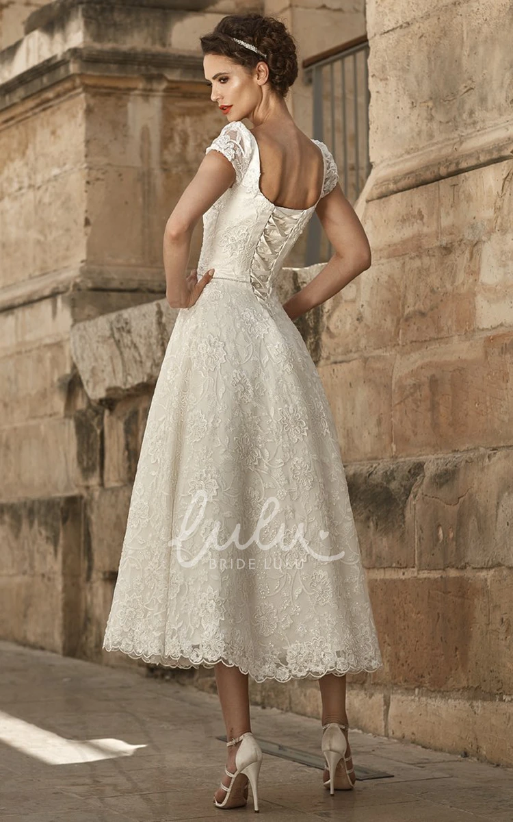 Lace Tea-Length A-Line Wedding Dress with Short Sleeves and Square Neck