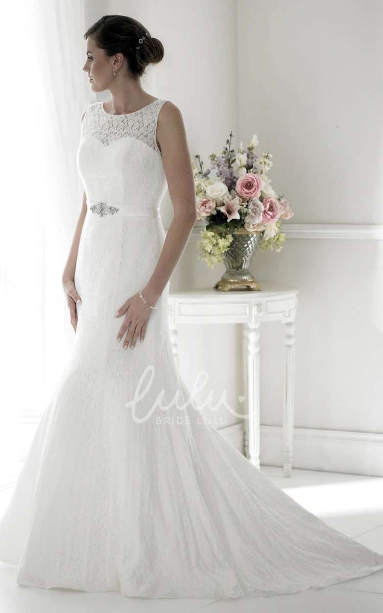 Jeweled Lace Illusion Back Wedding Dress with Watteau Train Trumpet Style