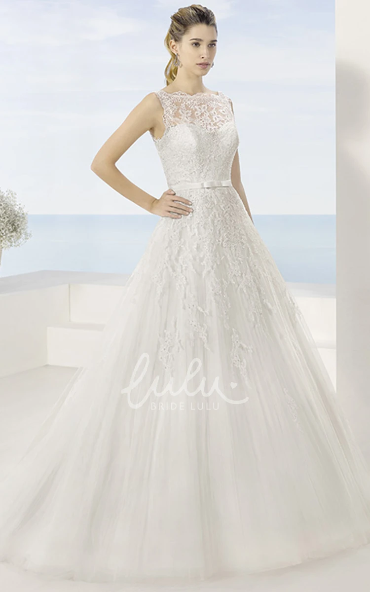 Sleeveless Bateau Appliqued Tulle Wedding Dress Flowy Bridal Gown