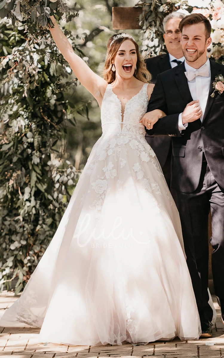 Lace A-Line Wedding Dress with Appliques and V-Back Modern Style