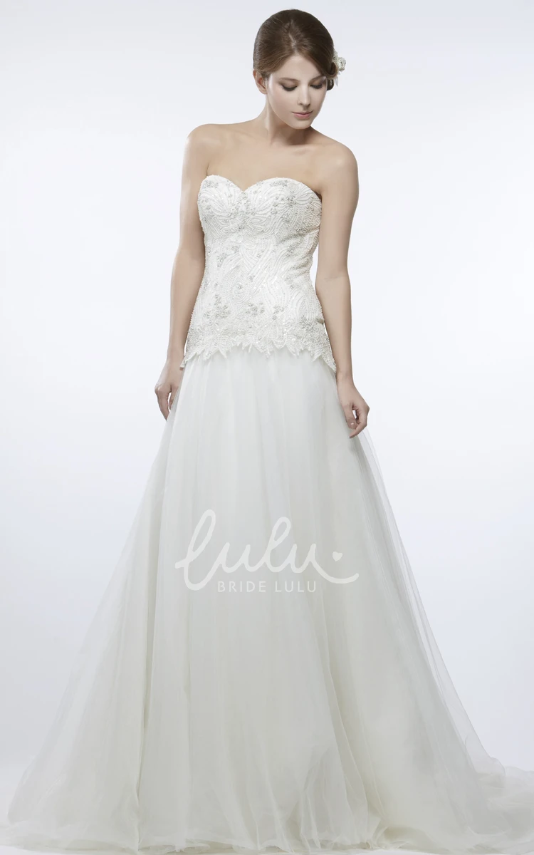 Beaded Sleeveless Tulle Wedding Dress with Brush Train A-Line Style