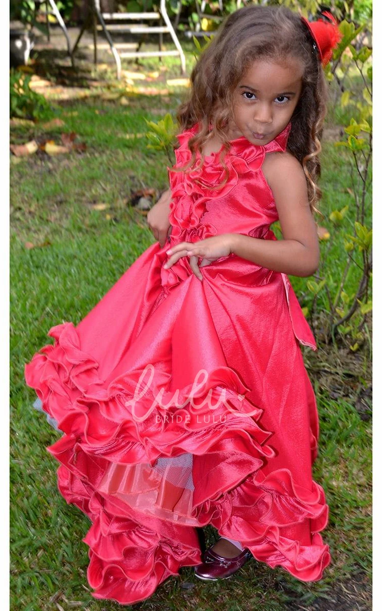 Ruffled Lace Flower Girl Dress with Tiered Skirt Tea-Length
