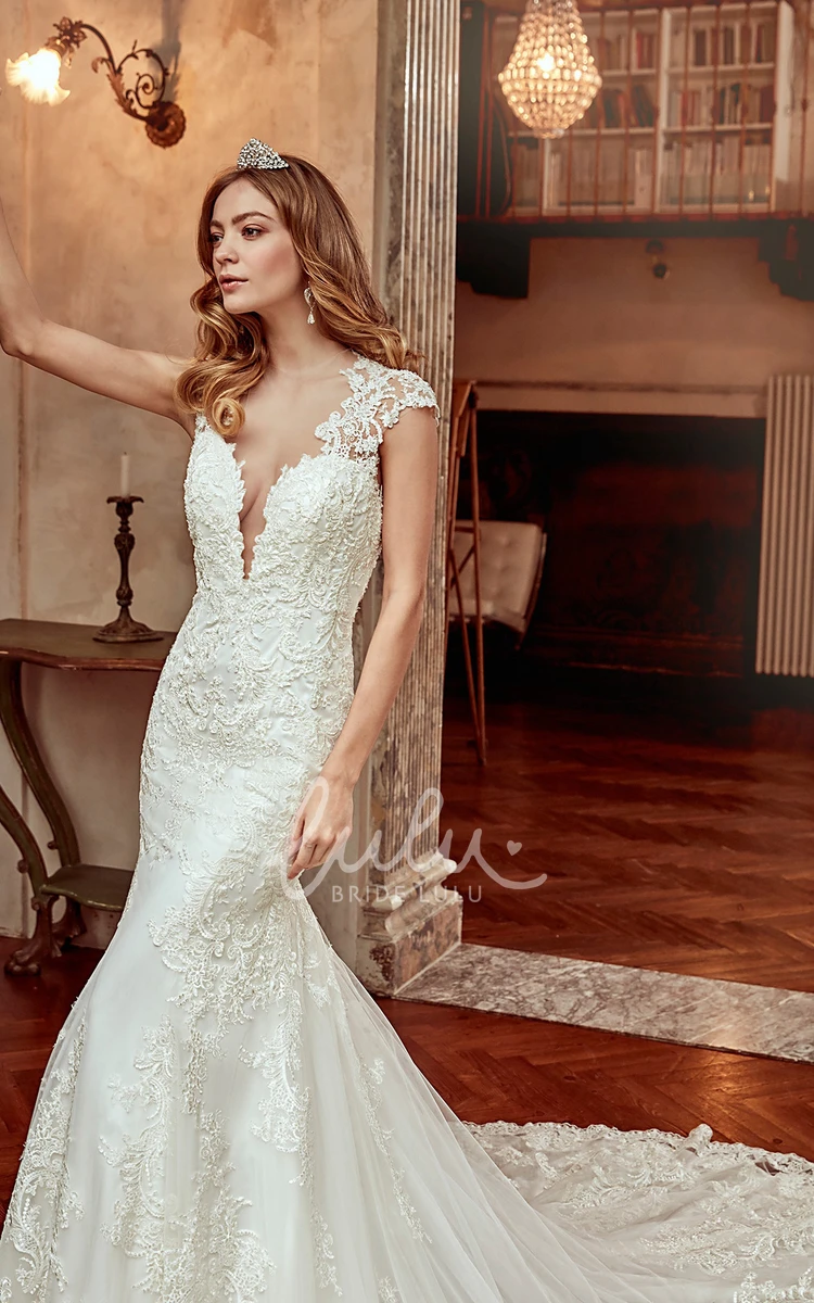 Sheath Lace Wedding Dress with Cap-Sleeve Brush Train and Open Back Modern Wedding Dress Women