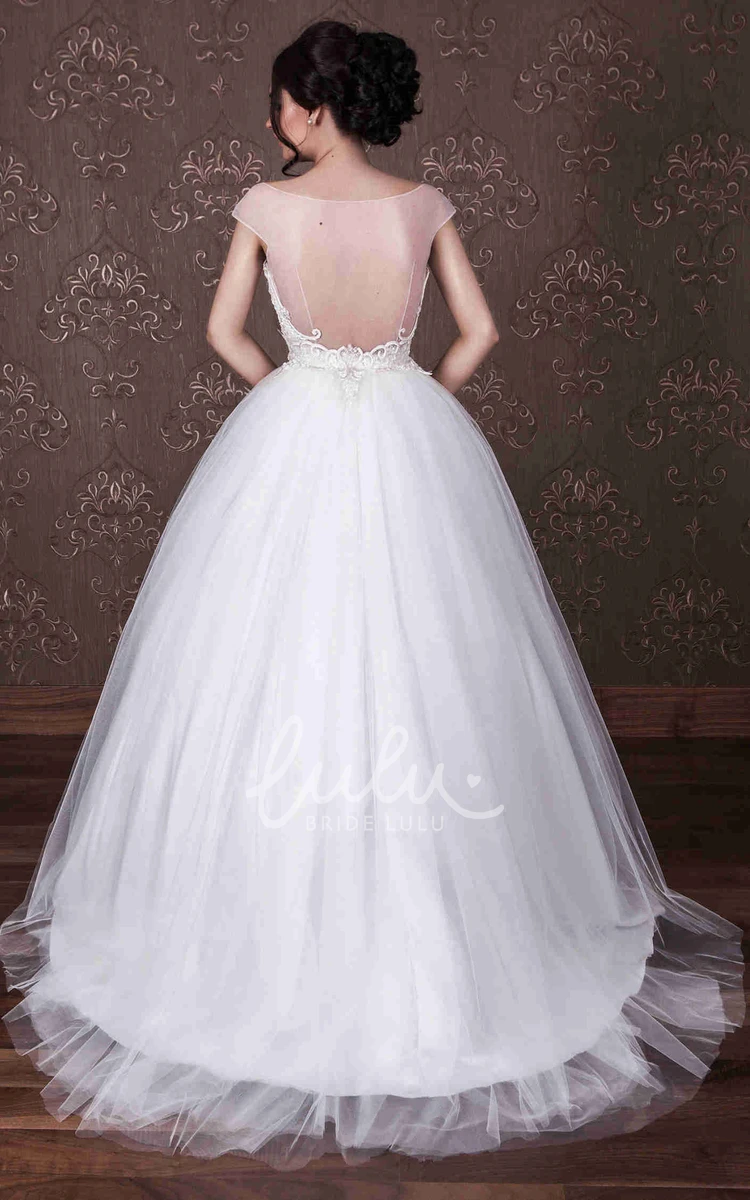 Ball Gown Tulle Wedding Dress With Embroidery Scoop-Neck Cap-Sleeve Beaded Unique