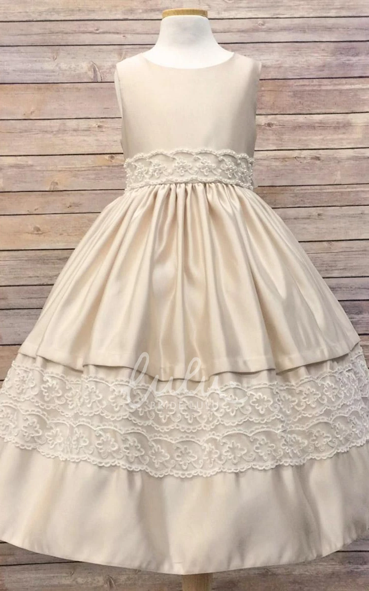 Sequined Tulle and Lace Flower Girl Dress with Tiered Skirt Tea-Length