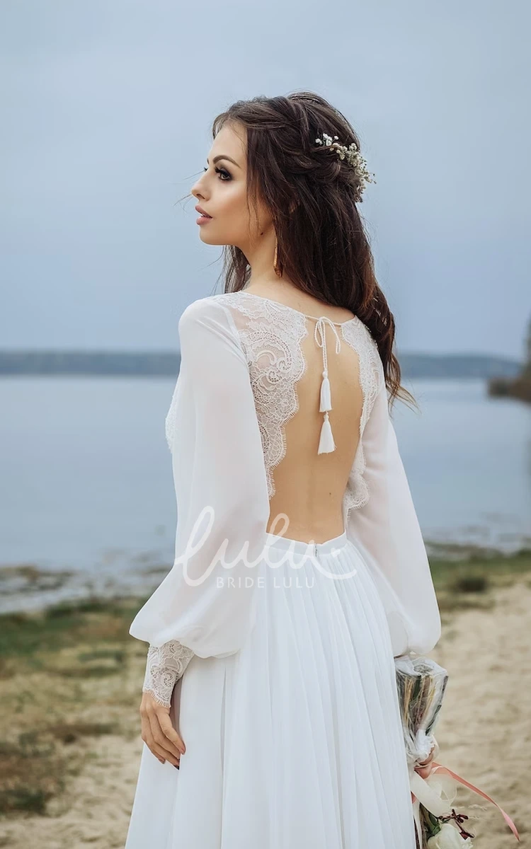 A-Line Chiffon Wedding Dress with Poet Sleeves and Keyhole Back for Country Garden Wedding Simple Unique