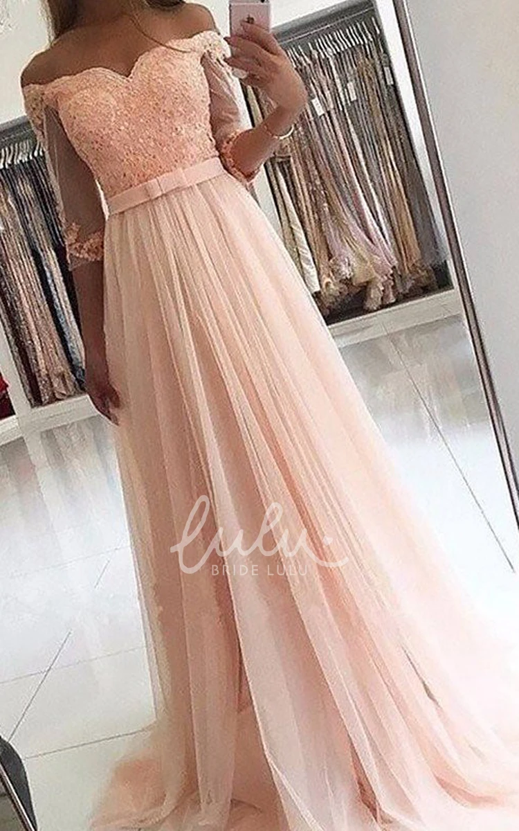 Off-the-shoulder Lace Tulle Illusion A-Line Prom Dress