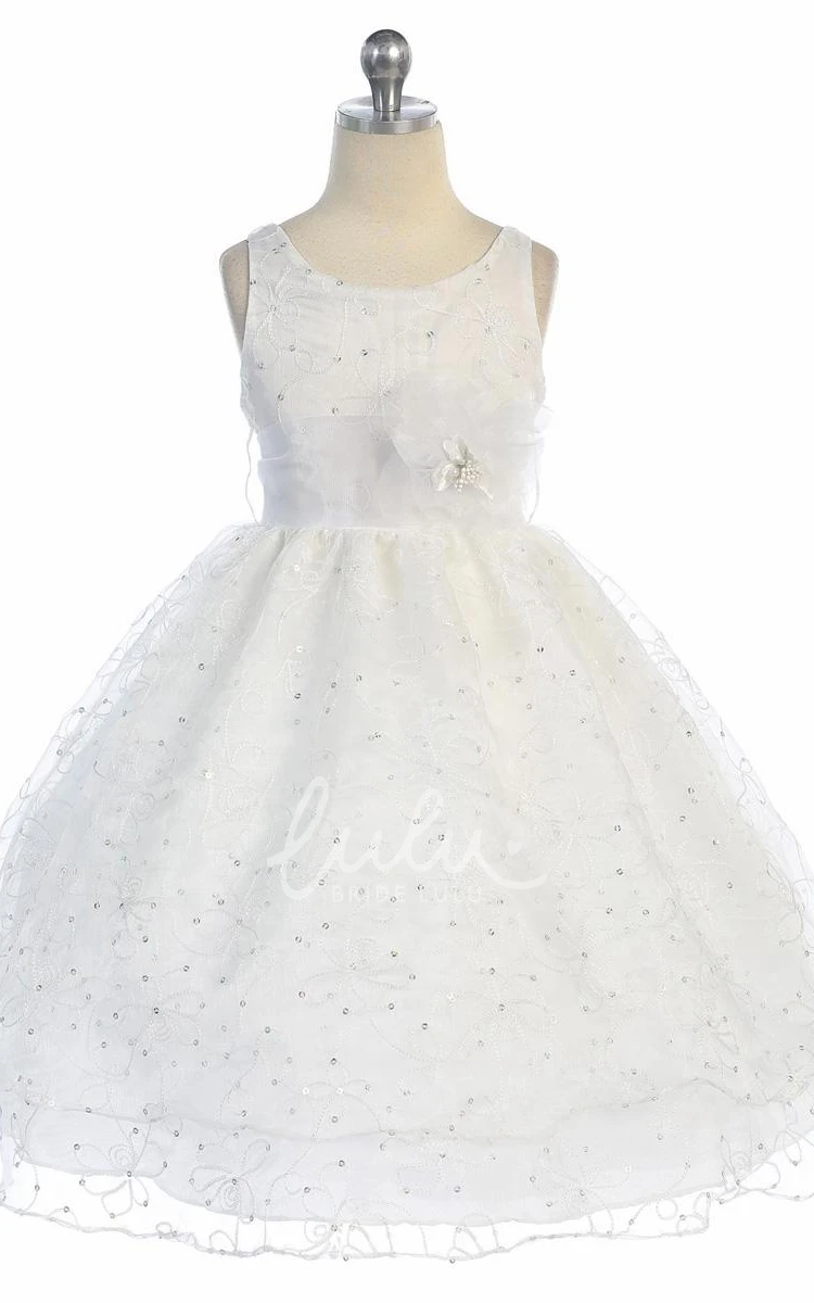 Embroidered Sequin Floral Tea-Length Organza Flower Girl Dress with Sash