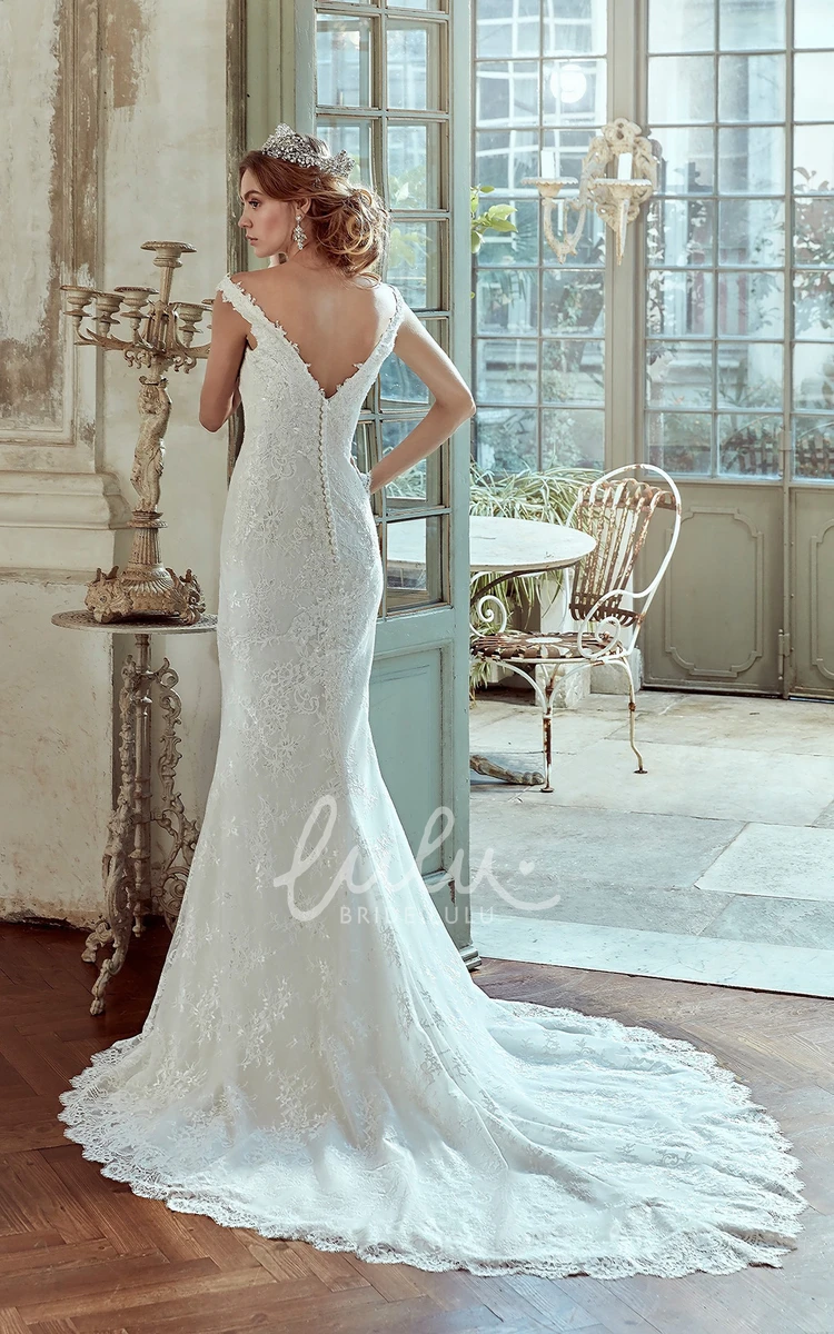 Sheath Wedding Dress with Low V-Back and Court Train Flowy Sheath Wedding Dress with Low V-Back