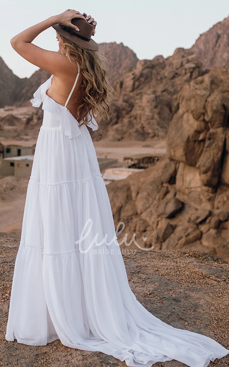 Country Spaghetti Chiffon A-Line Wedding Dress with Open Back