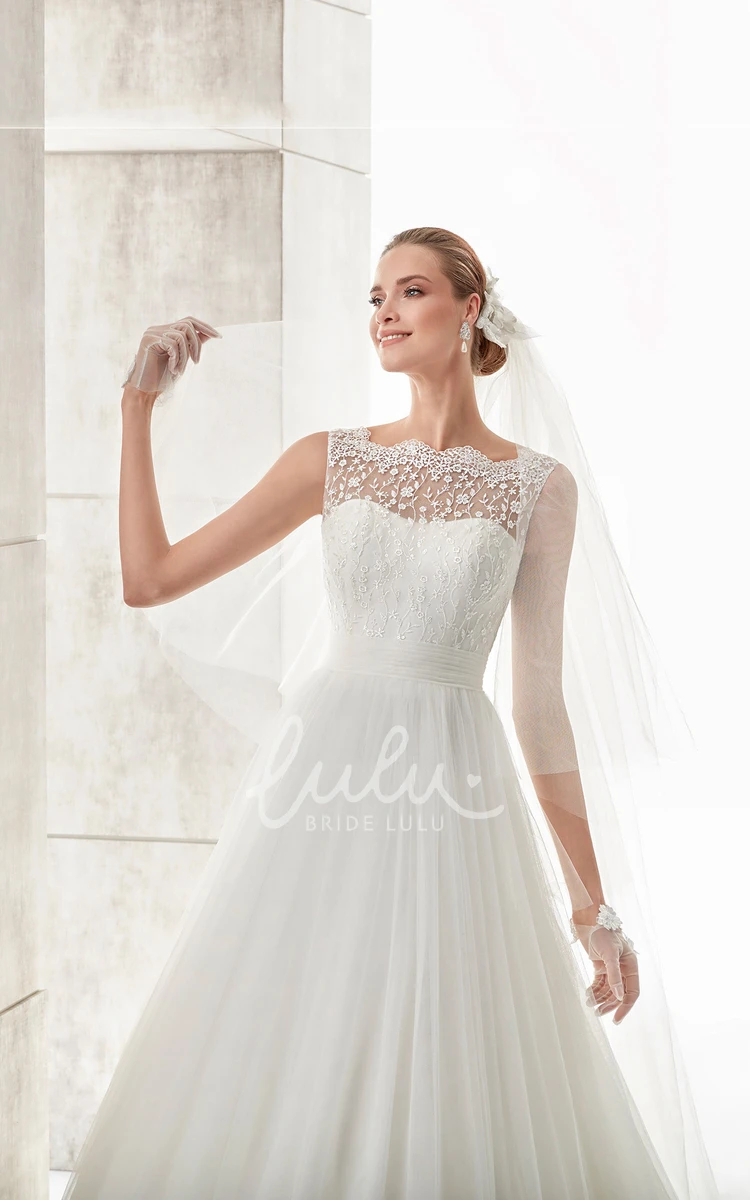 Pleated A-Line Wedding Dress with Cinched Waistband and Scallop Neckline