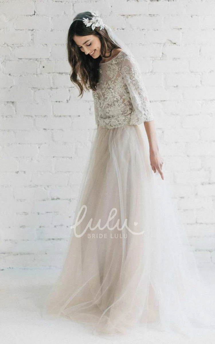 A-Line Tulle Dress with Low-V Back Bateau Half Sleeve Lace Romantic