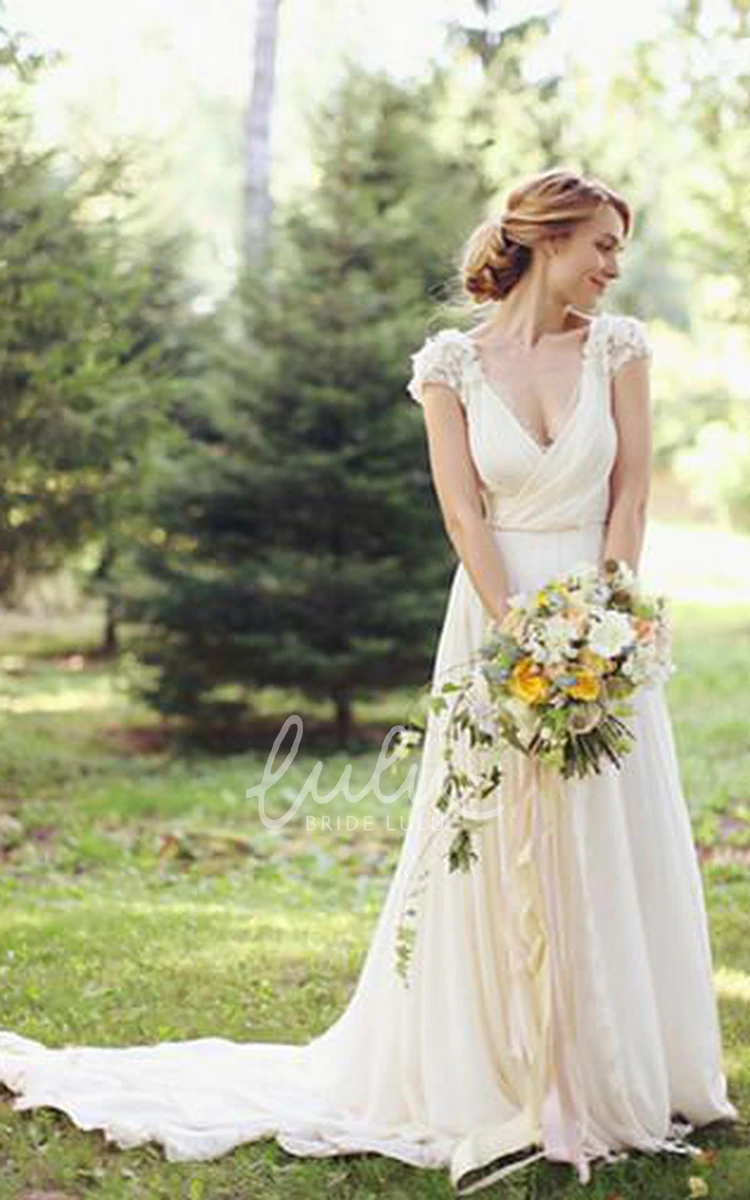 Chiffon Flowers Wedding Dress with Sweep Train Flowy Chiffon Wedding Dress with Train
