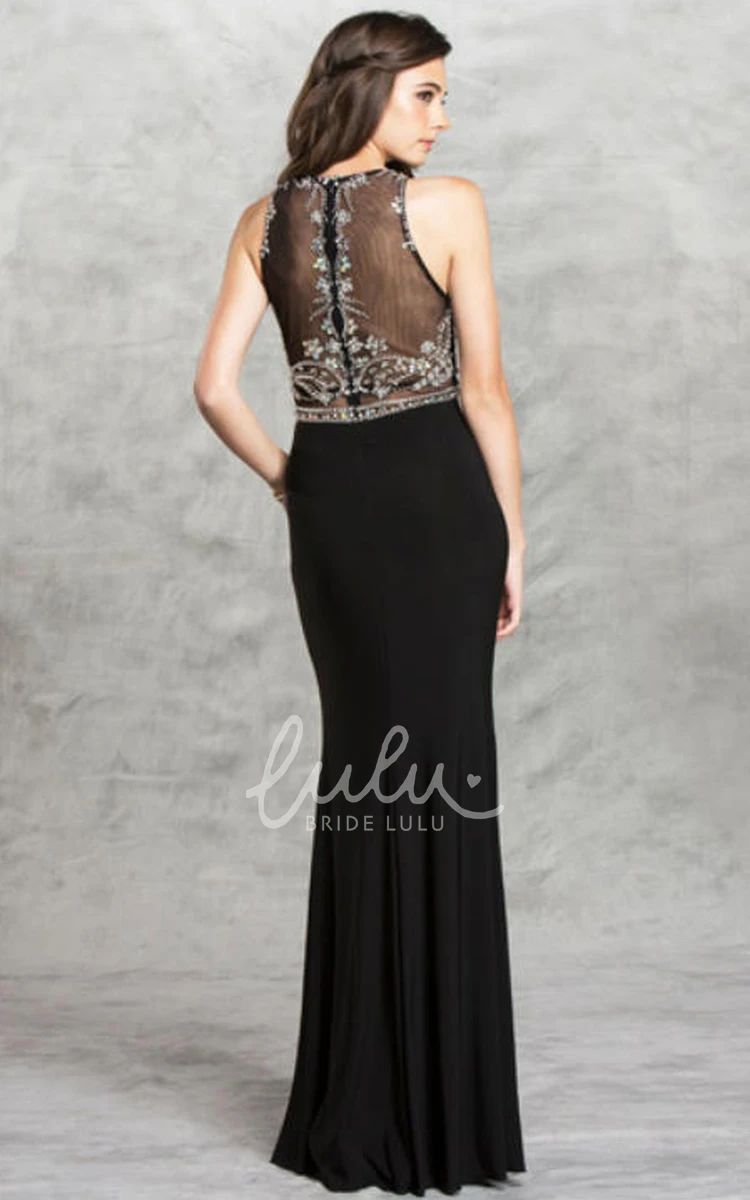 High Neck Sleeveless Jersey Formal Dress with Illusion and Beading