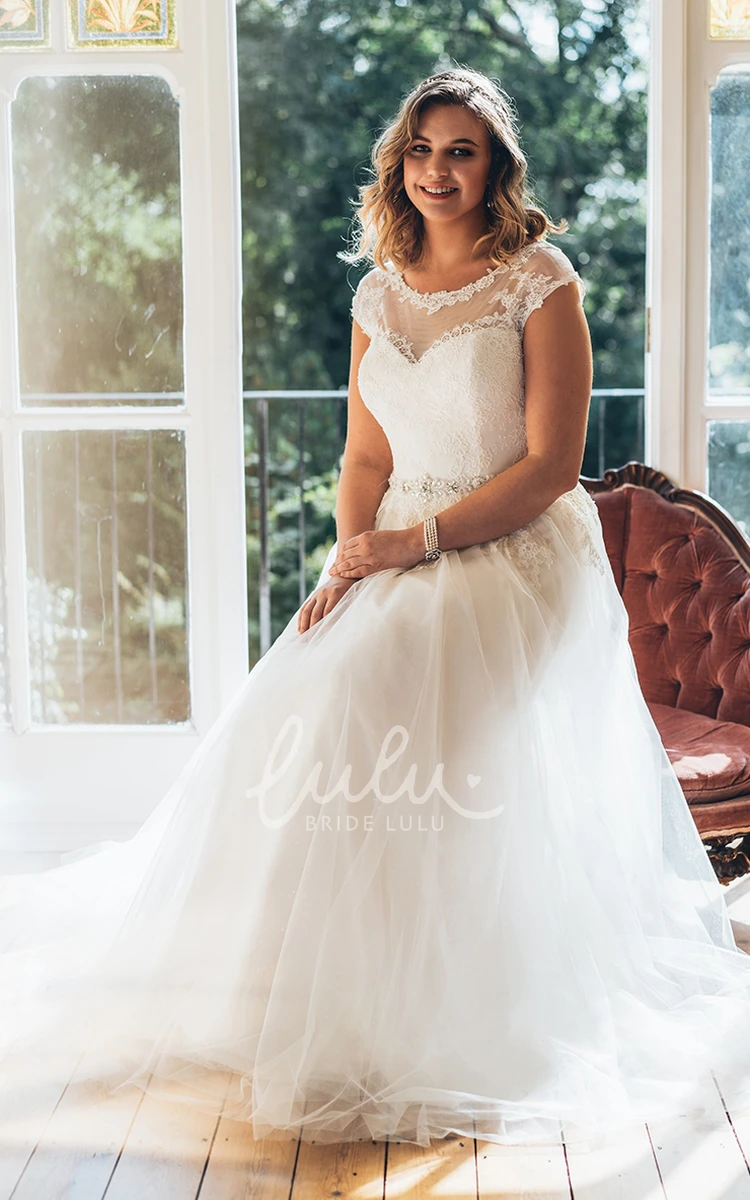 Tulle Low-V Back Wedding Dress with Waist Jewellery A-Line Long Scoop Neck