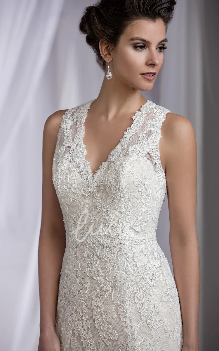 V-Neck Applique Beaded Sleeveless Wedding Dress