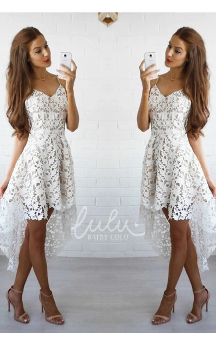 High-low Lace A-line Homecoming Dress with Spaghetti Straps and Ruffles