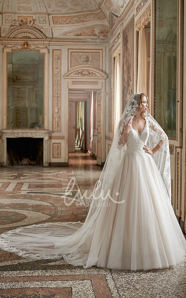 A-Line Tulle Wedding Dress with V-Neck and Appliques