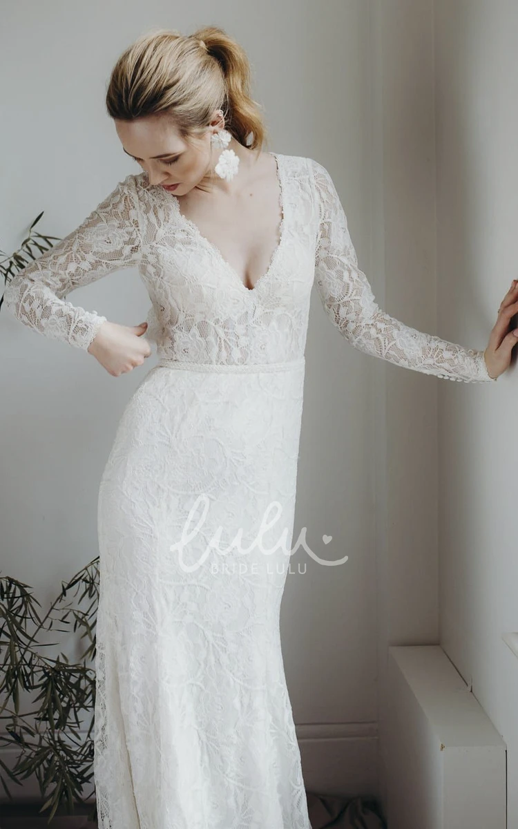 Sexy Sheath Lace Wedding Dress with Plunging V-neck Long Sleeves and Keyhole Back