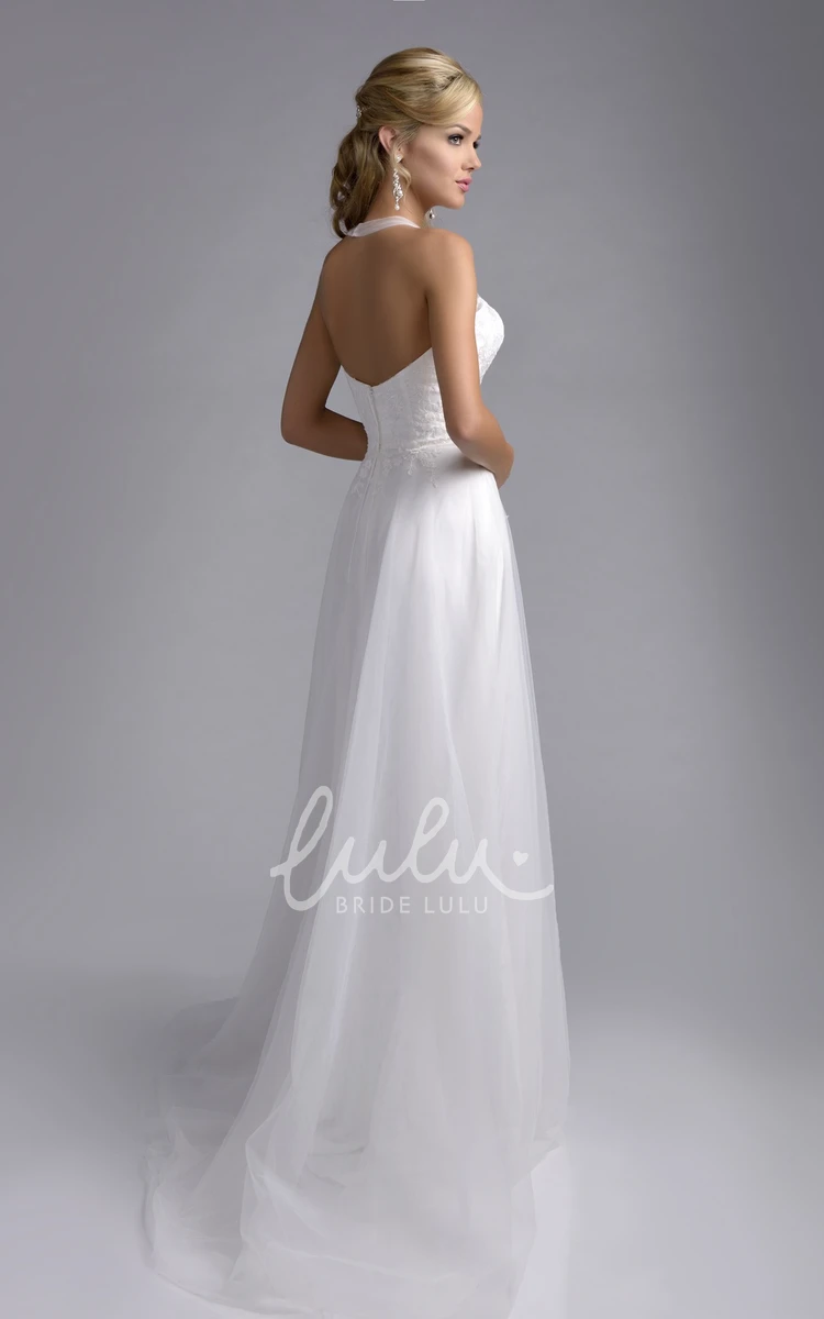 A-Line Tulle Bridal Wedding Dress with Halter Neck and Lace Appliques Classic and Timeless