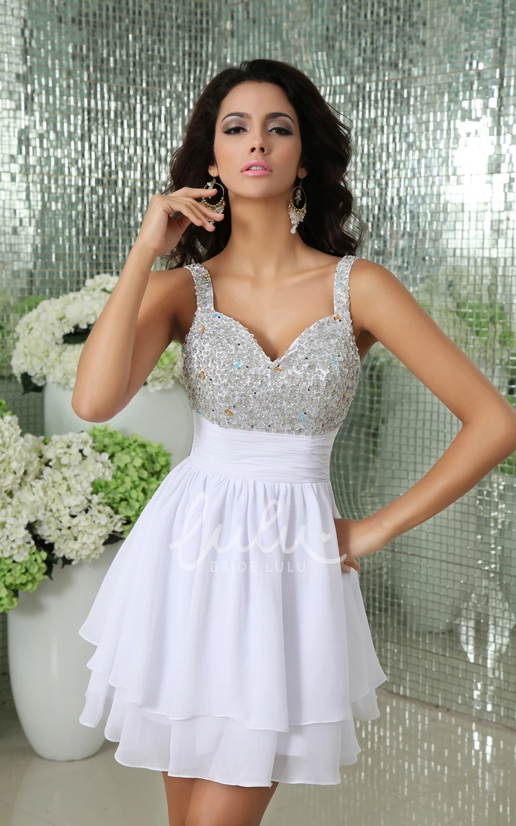 Short Sparkly Soft Flowing Fabric V-Neck Dress With Draping And Crystal Detailing