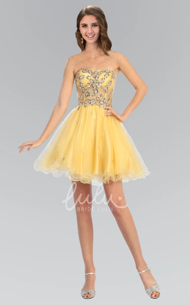 Strapless A-Line Tulle Satin Prom Dress with Beading and Pleats
