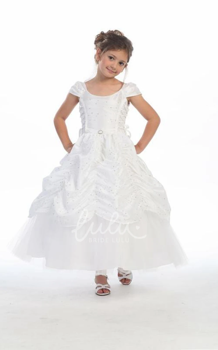 Tiered Embroideried Lace&Taffeta Ankle-Length Flower Girl Dress with Broach Unique Wedding Dress