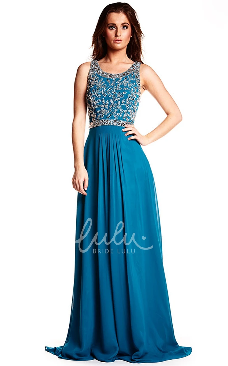 Beaded A-Line Chiffon Prom Dress with Brush Train Sleeveless Zipper Back